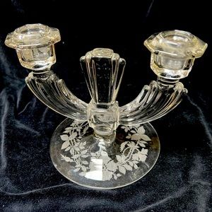 Lovely Vintage Tiffin Glass Double Light Candle Holder. Etched Flowers on base.